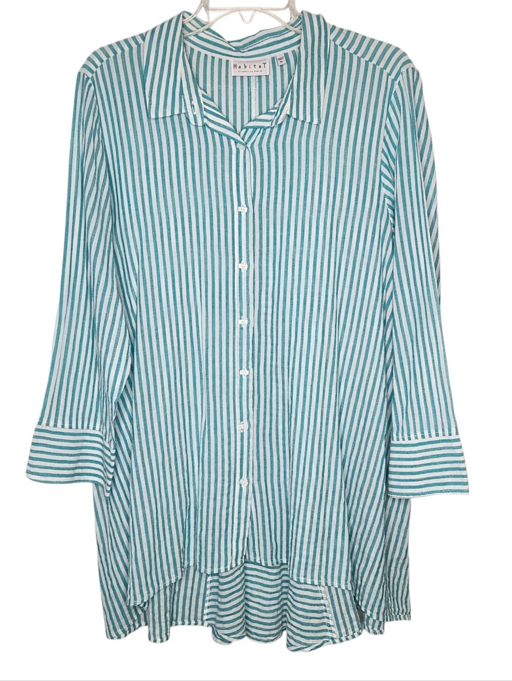 Habitat Clothes to Live In Women’s XL Button Down Tunic Shirt Teal White Stripe